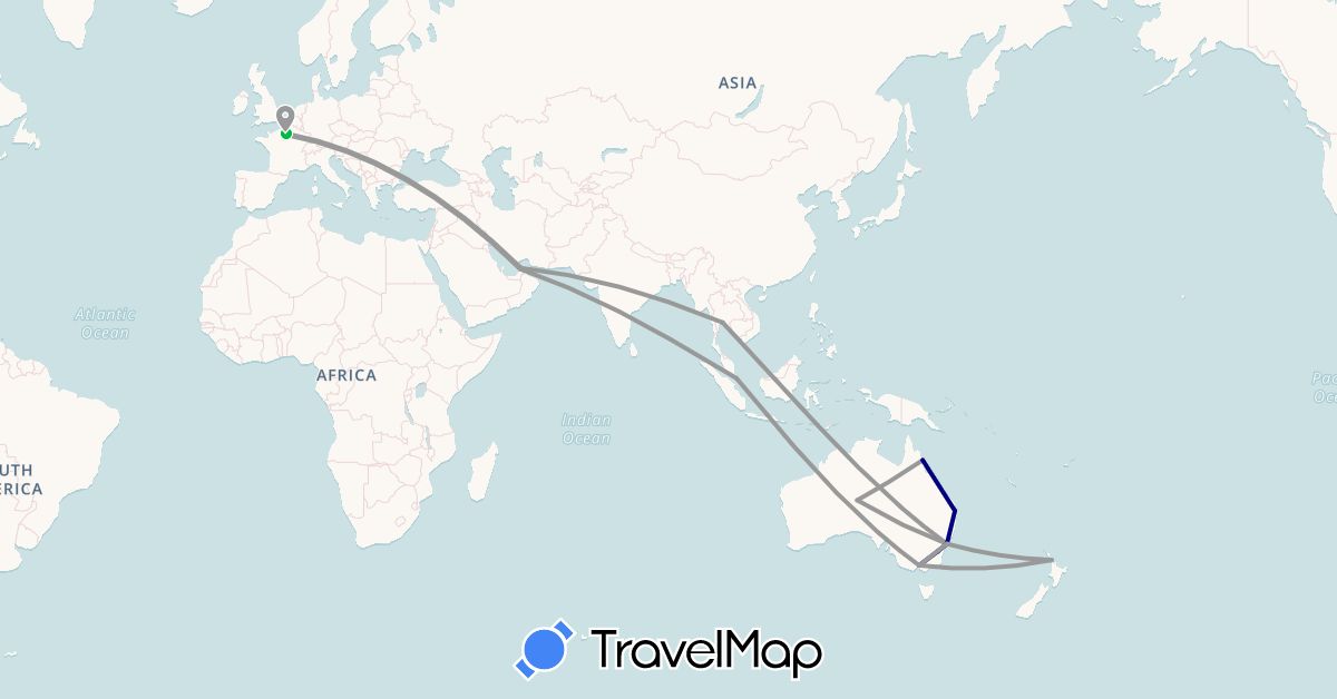 TravelMap itinerary: driving, bus, plane in United Arab Emirates, Australia, France, New Zealand, Singapore, Thailand (Asia, Europe, Oceania)